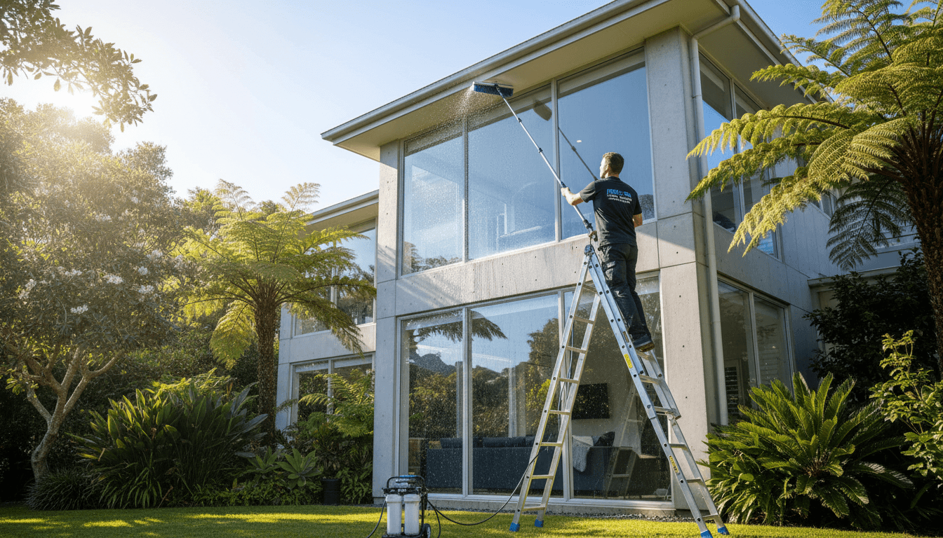 Eco-friendly window cleaning on an Auckland home with pure water method
