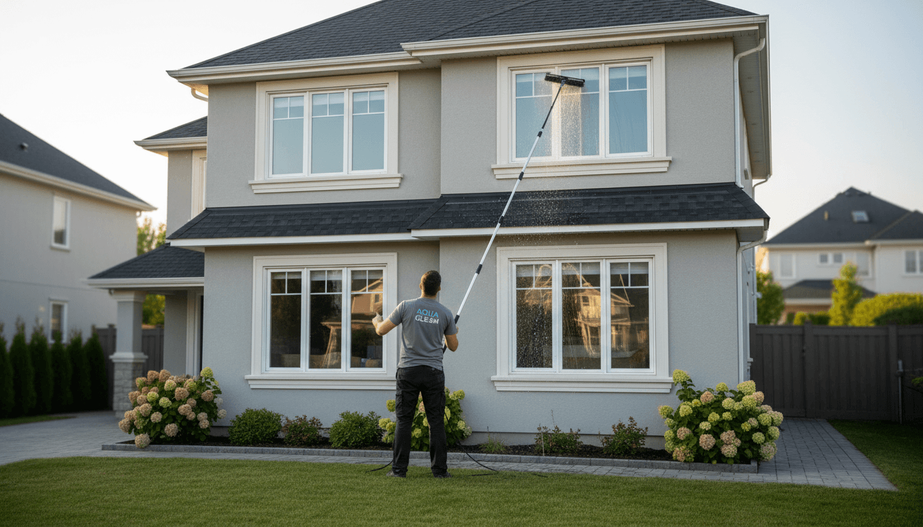 Professional window cleaner using water-fed pole to clean multi-story residential home exterior windows from ground level, showcasing sparkling results and safe technique