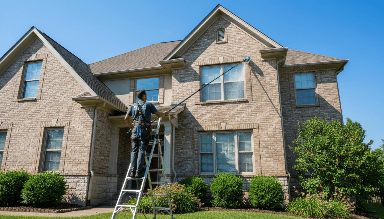 Professional worker cleaning upper-story residential windows using extended water-fed pole system on two-story home exterior