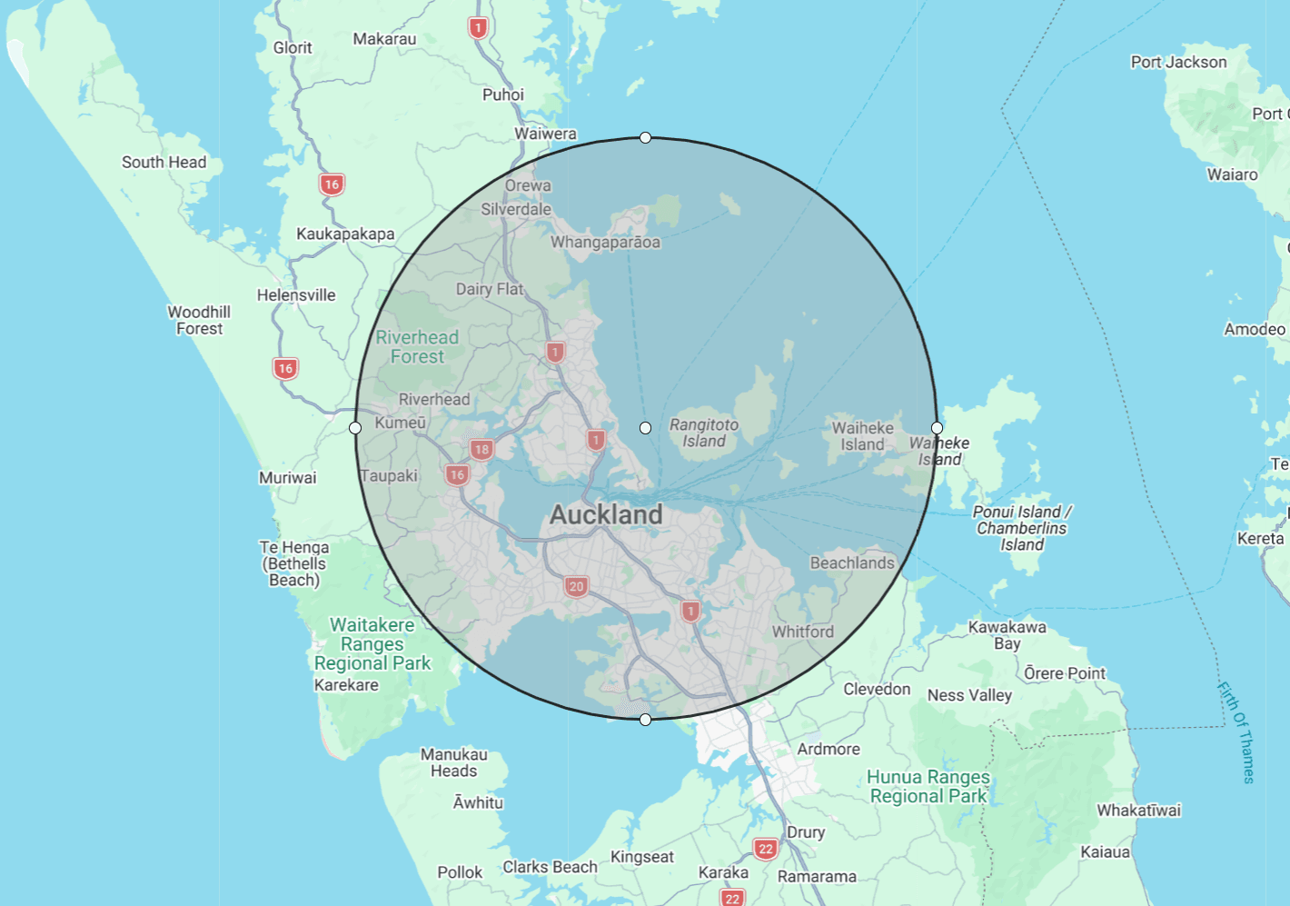 Map of Auckland, New Zealand, with a large circular overlay centered near Rangitoto Island.